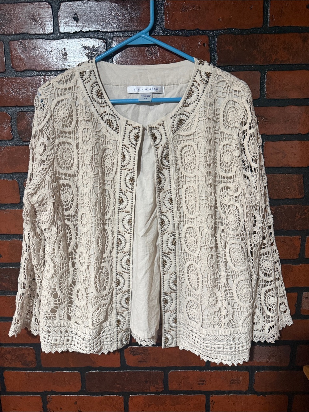 Peter Nygard tan Crochet Open front Cardigan with Beaded Trim Sz 14